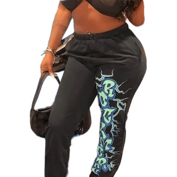 BLUSH MARK - Mid Waist Graphic Print Lace Up Sweatpants - Black - Picture 6 of 10